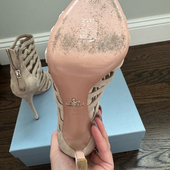 Prada Beige Suede Wavy Caged Peep Toe Booties Size 39 - Picture 6 of 8